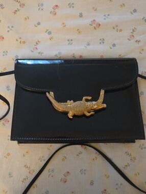 Black Patent Crossbody Bag with Gold Crocodile Accent